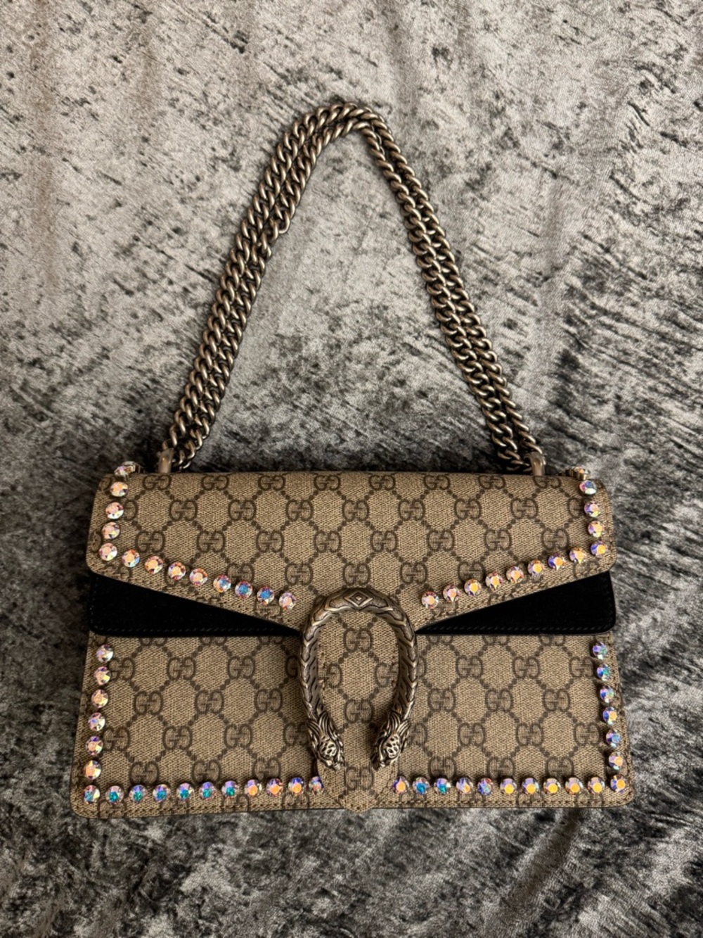 Gucci Beige and Black Monogram Crystal Dionysus Small Shoulder Bag - Picture 4 of 17